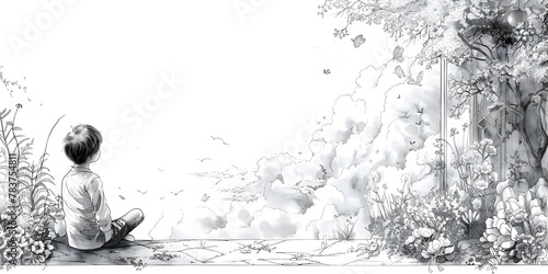 A Moment of Contemplative Solitude in a Whimsical Natural Landscape A Line Drawing Capturing Everyday Magic and Wonder