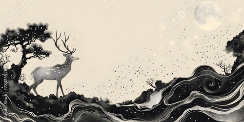 Minimalist Ink Drawing of a Deer against a Moonlit Mystical Landscape with Contemporary Folklore Motifs