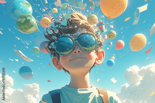 A whimsical digital art piece featuring an animated young boy with oversized sunglasses, his head adorned with various elements