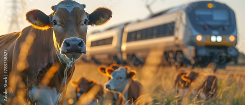 Curious Bovine Spectacle Cows Observing Passing Train in Pastoral Landscape