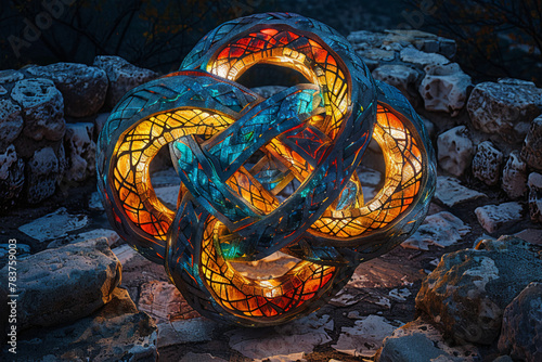 Create an image of a vibrant, intricately tied Celtic knot, with each colorful thread glowing as if infused with magical energy, set against a backdrop of ancient ruins