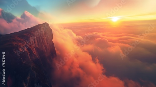 Top of mountain sea of clouds underneath the cliff during sunset birds eye view