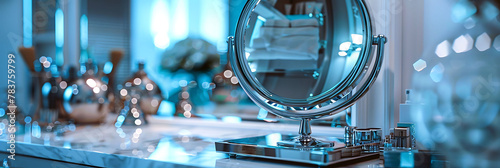 Close-up of a mirrored vanity table in a glamorous dressing room, hyperrealistic photography of modern interior design