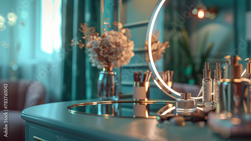 Close-up of a mirrored vanity table in a glamorous dressing room, modern interior design, scandinavian style hyperrealistic photography