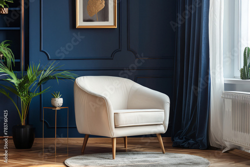 Design a sleek, minimalist armchair with asymmetrical angles, placed in a luxurious living room with deep navy walls and gold accents