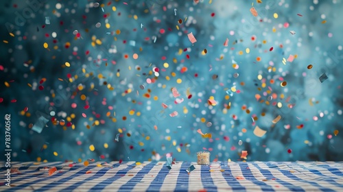 An empty table decorated with scattered confetti. and a small blue and white checkered tablecloth. Viewers are invited to imagine the lively scenes that might appear on this attractive table.