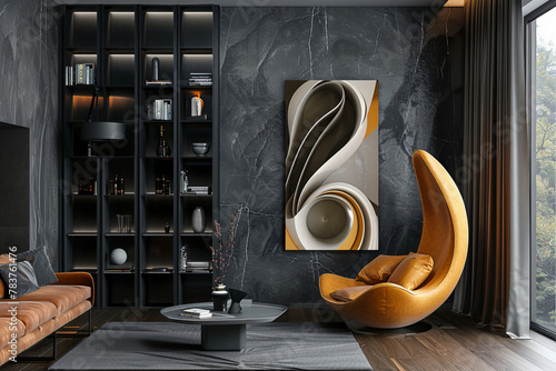 Design an abstract bookshelf sculpture in a sleek study with charcoal gray walls contrasting against bold mustard-colored accents