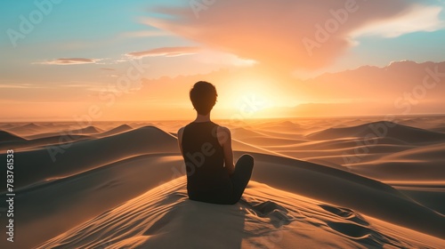 Woman with yoga clothes sits on sand dune in desert during sunset short hair female