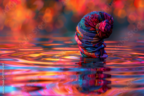 Design an AI-generated image capturing the beauty of a robe knot adorned with rich, jewel-toned hues, set against a background of rippling water reflecting the vibrant colors of a breathtaking sunset,