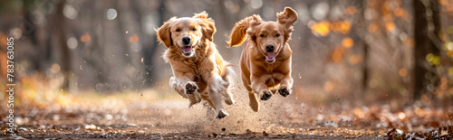 Two Golden Retrievers Running Joyfully in Autumn Forest