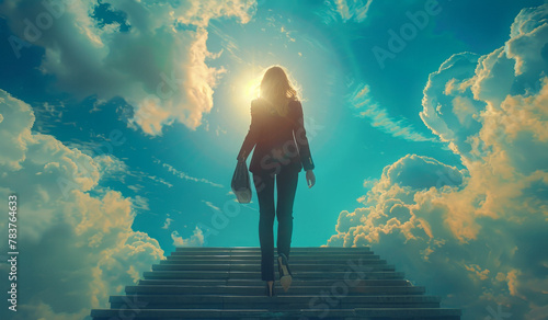 Ambitious business woman climbing the stairs to meet the high sky