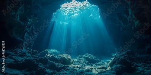 Mysterious Underwater Grotto Illuminated by Ethereal Sunlight Rays Inviting Deeper into the Depths of the Ocean