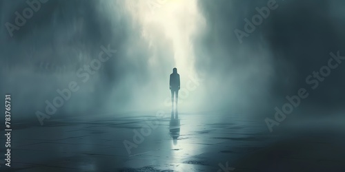 Solitary Silhouette Illuminated within the Misty Landscape Elongated Shadow on the Ground