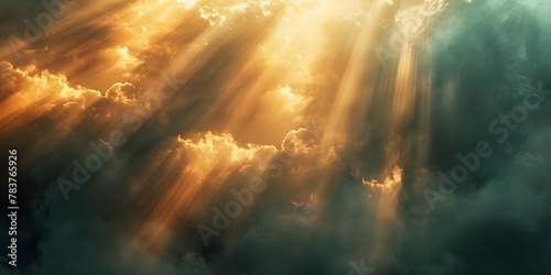 Celestial Symphony of Radiant Light Beams Piercing Through Ethereal Clouds and Fog Creating a Captivating and Ever Changing Heavenly Scene