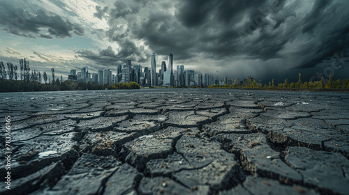 flat expanse of low wide-angle cracked ground stretches to the horizon with a visible backdrop of the city skyline, tall buildings and dark clouds created with Generative AI Technology