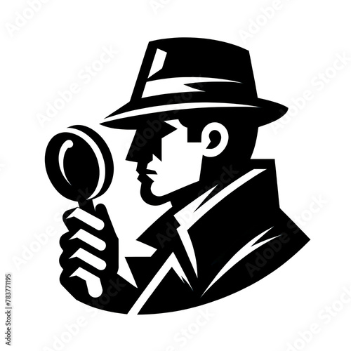 Detective with magnifying glass, trenchcoat and hat silhouette simple icon or logo