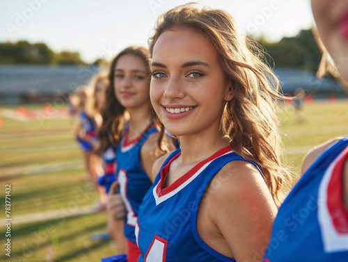 A beautiful high school cheerleader smiles confidently on the football field during a game.