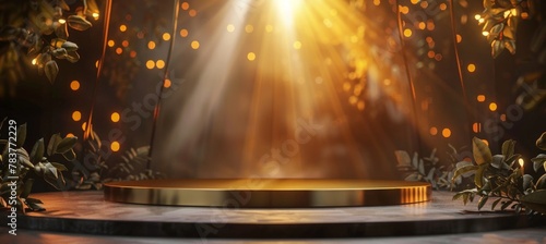 Gold podium on dark background with Gold Particles. Empty pedestal for award ceremony. Platform illuminated by spotlights