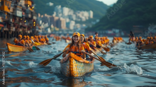 Dragon boat racing on Keelung River, featuring teams in orange uniforms energetically paddling with the urban skyline as a backdrop.