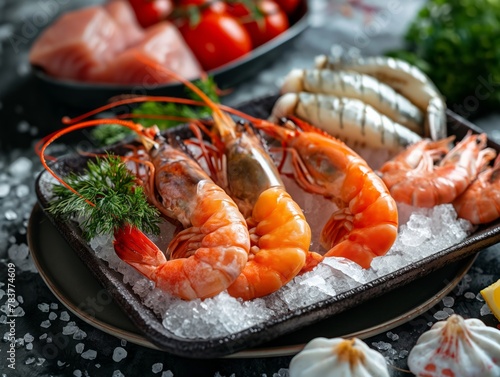 A plate of shrimp and other seafood is on a table. The shrimp are in a tray with ice and garnished with parsley