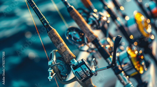 A group of fishing rods are lined up on a boat. The rods are of different sizes and colors, and they are all in the water. Concept of excitement and anticipation for a day of fishing