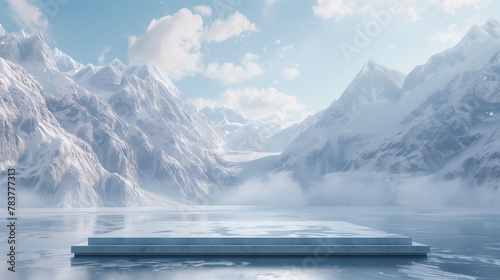 Ice podium scene with an ice lake and snowy mountain background for product display, presentation, or as a backdrop