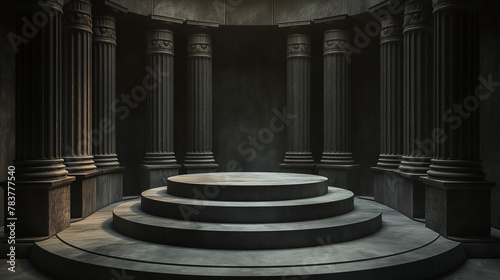A large circular podium with an ancient Roman style, surrounded by stone pillars and arches for a product presentation mock up. The background is dark and the light shines on it from above