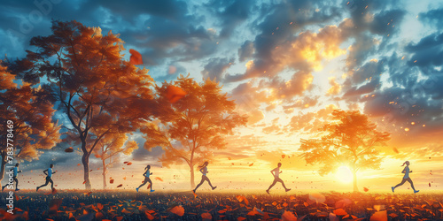 A group of individuals are running across a field in this dynamic scene banner copy space