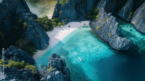 Panoramic view of El Nido's stunning limestone cliffs and crystal-clear waters, showcasing the iconic and breathtaking natural beauty, vibrant daylight