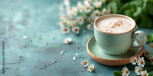 A cappuccino coffee cup placed on a saucer, ready to be enjoyed banner with copy space