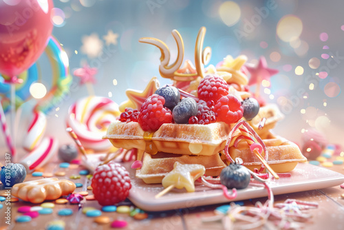 Waffles with curd and berry, Delicious dessert,decorated with lollipops candy necklaces balloons stars streamers and glittering confetti, Hyper-realistic style, Generative AI