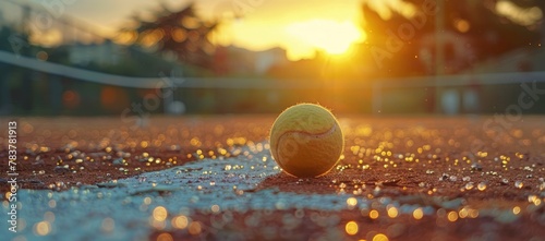 Close-up of a tennis ball on grass court with sun setting in the background, creating a warm, golden