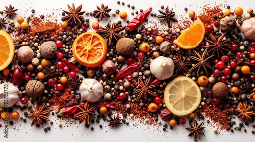 Assortment of Spices and Citrus Fruits on a White Background