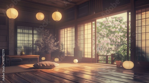Japanese room with traditional elements such as paper lanterns, shoji screens and wooden furniture