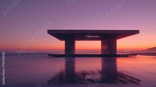 A minimalist concrete pavilion on the beach, blending modern architecture with natural landscapes.