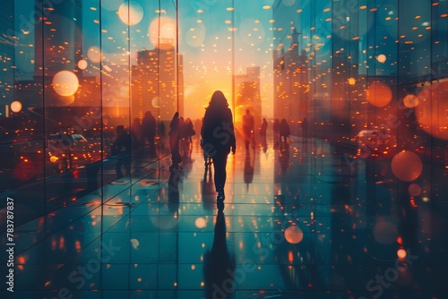 A silhouette of a solitary figure walking through an illuminated futuristic cityscape evoking feelings of solitude and contemplation