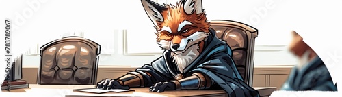 A fox judge with a cunning expression, in a courtroom, illustrated in fiery red and orange watercolors