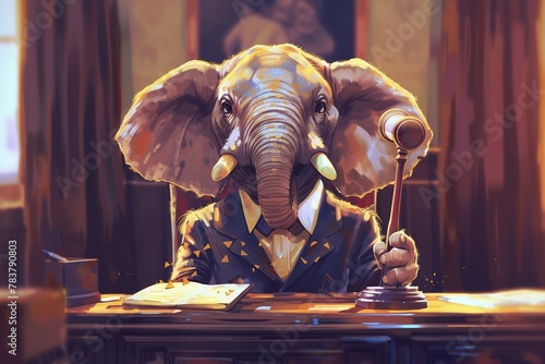 A wise elephant with a gavel, in a courtroom setting, illustrated in soft grey and brown watercolors