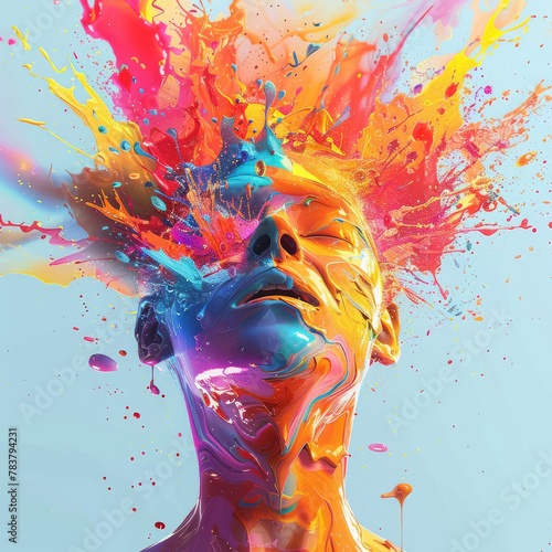 3D clean depiction of a mind in creative overdrive colors bursting from the head in vivid splendor