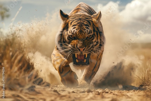 A furious tiger runs on camera across the sandy dry land with a piercing predatory animal gaze