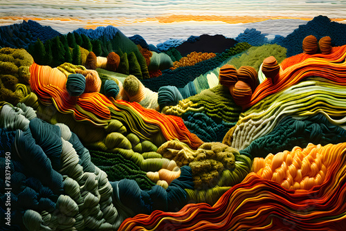 Knitted artwork capturing a forest landscape