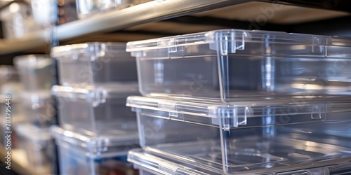 Close-up of stackable clear storage bins, soft light, orderly and transparent 
