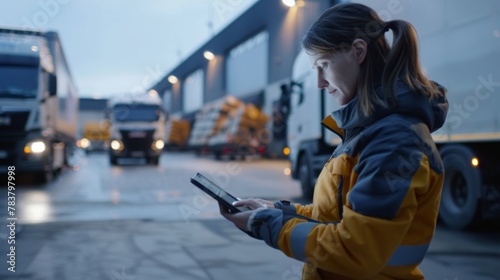 Specialist using a tablet to control and optimize the routes of a fleet of trucks