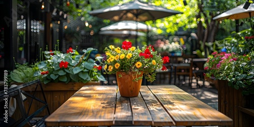 Cozy Outdoor Wooden Dining Table on Shaded Cafe Patio Surrounded by Vibrant Flower Pots