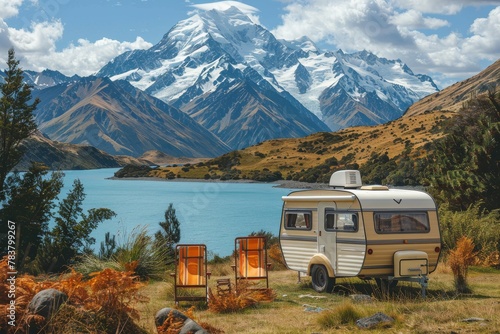 Charming vintage caravan by a stunning turquoise lake with surrounding golden hills and a clear sky