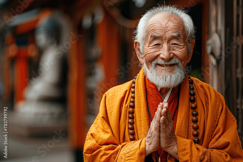 A smiling Buddhist monk folds his hands in prayer while standing at the entrance to the temple.