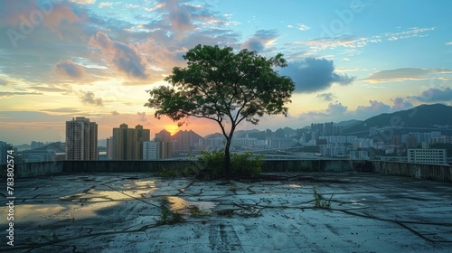 A lone tree thriving in an urban concrete jungle, resilience amid warming