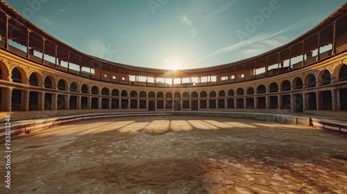 Panoramic view of an empty bullring with the sun setting gracefully in the background