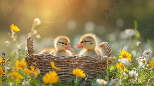  Two ducklings rest in a basket amidst a foreground of daisies