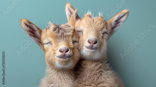  Two baby goats snuggle, noses touching, eyes shut, on a blue backdrop